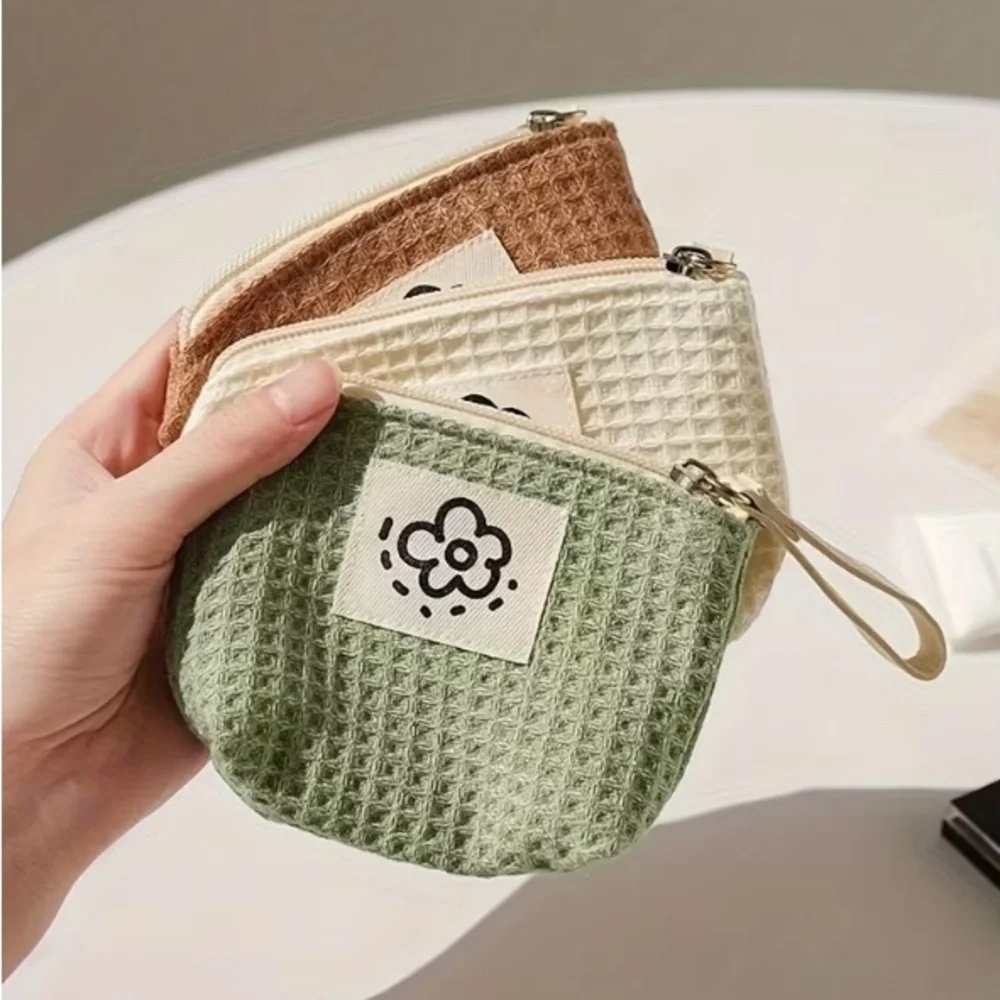 Waffle Textured Pouch Set - Green, Cream, and Brown